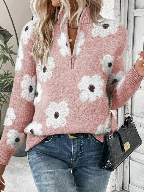 LOVESOFT Women's Floral Pattern Half Zip Drop Shoulder Sweater