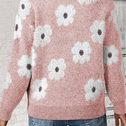 LOVESOFT Women's Floral Pattern Half Zip Drop Shoulder Sweater