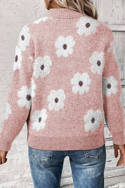 LOVESOFT Women's Floral Pattern Half Zip Drop Shoulder Sweater