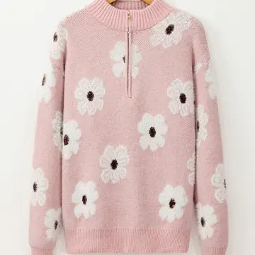 LOVESOFT Women's Floral Pattern Half Zip Drop Shoulder Sweater