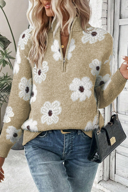 LOVESOFT Women's Floral Pattern Half Zip Drop Shoulder Sweater