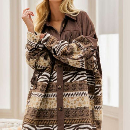DAVI & DANI  Button Down Long Sleeve Loose Fit Jacket - Mocha (In Standard and Plus Sizes)