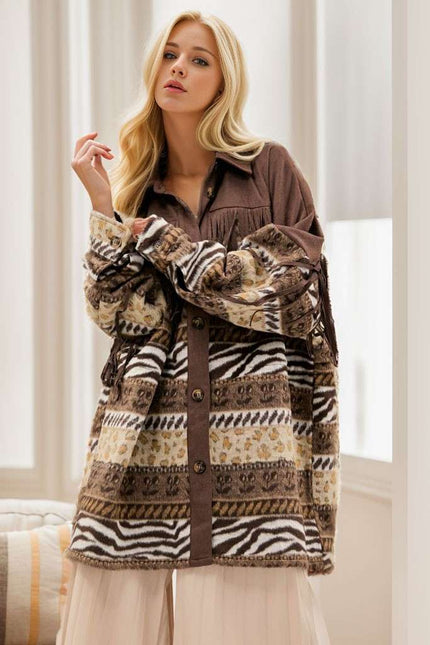 DAVI & DANI  Button Down Long Sleeve Loose Fit Jacket - Mocha (In Standard and Plus Sizes)