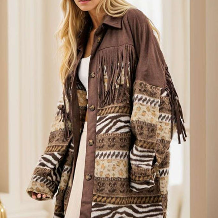 DAVI & DANI  Button Down Long Sleeve Loose Fit Jacket - Mocha (In Standard and Plus Sizes)