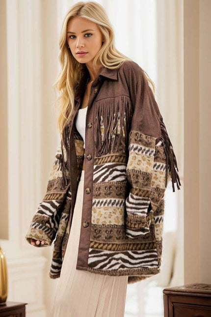 DAVI & DANI  Button Down Long Sleeve Loose Fit Jacket - Mocha (In Standard and Plus Sizes)