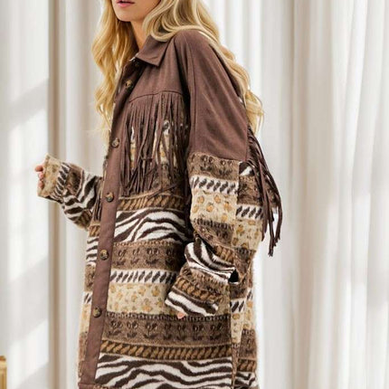 DAVI & DANI  Button Down Long Sleeve Loose Fit Jacket - Mocha (In Standard and Plus Sizes)