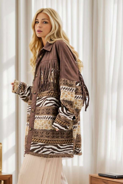 DAVI & DANI  Button Down Long Sleeve Loose Fit Jacket - Mocha (In Standard and Plus Sizes)