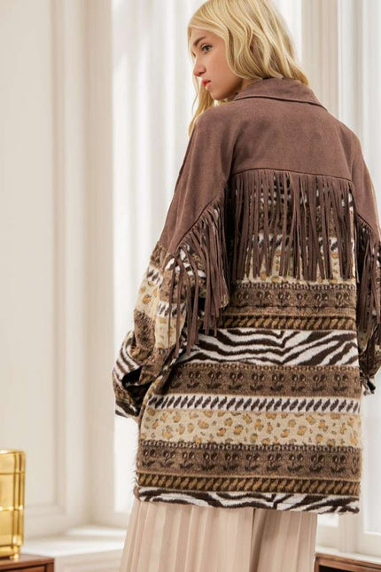 DAVI & DANI  Button Down Long Sleeve Loose Fit Jacket - Mocha (In Standard and Plus Sizes)