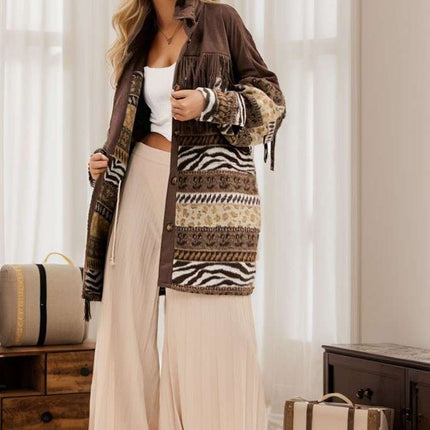 DAVI & DANI  Button Down Long Sleeve Loose Fit Jacket - Mocha (In Standard and Plus Sizes)