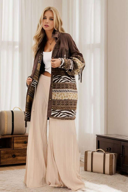 DAVI & DANI  Button Down Long Sleeve Loose Fit Jacket - Mocha (In Standard and Plus Sizes)