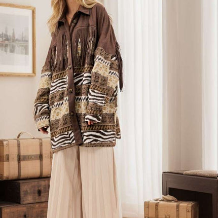 DAVI & DANI  Button Down Long Sleeve Loose Fit Jacket - Mocha (In Standard and Plus Sizes)