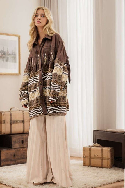 DAVI & DANI  Button Down Long Sleeve Loose Fit Jacket - Mocha (In Standard and Plus Sizes)