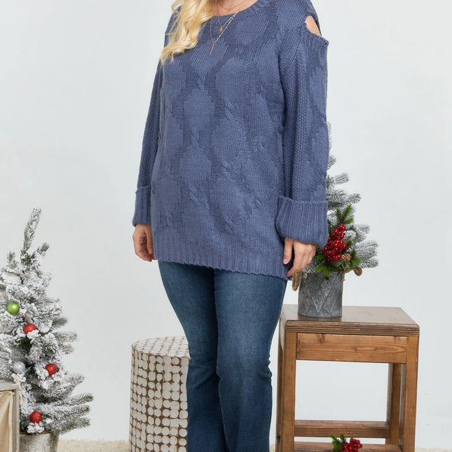 DAVI & DANI  Solid Round Neck Long Sleeve Loose Sweater (In Plus Sizes)