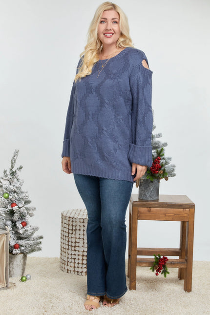 DAVI & DANI  Solid Round Neck Long Sleeve Loose Sweater (In Plus Sizes)