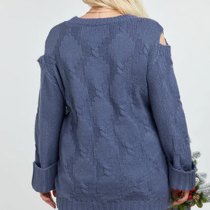 DAVI & DANI  Solid Round Neck Long Sleeve Loose Sweater (In Plus Sizes)