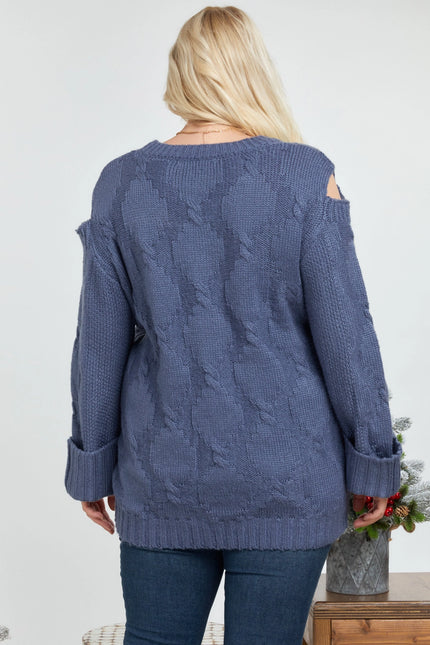 DAVI & DANI  Solid Round Neck Long Sleeve Loose Sweater (In Plus Sizes)