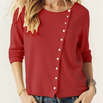 Effortless Asymmetric Button Cardigan - Red