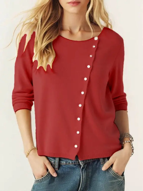 Effortless Asymmetric Button Cardigan - Red