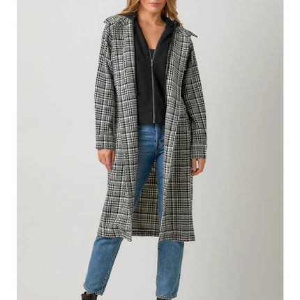 MYSTREE Twofer Hoodie Plaid Long Jacket - Black Mix