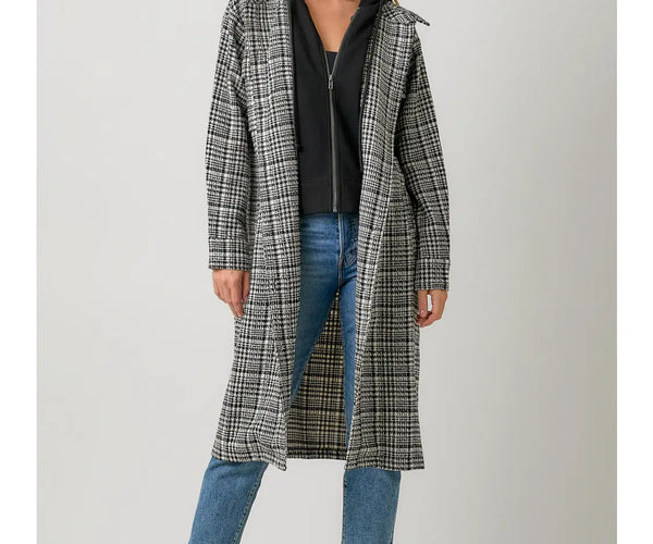 MYSTREE Twofer Hoodie Plaid Long Jacket - Black Mix – Chiappetta Shoes MYSTREE Twofer Hoodie Plaid Long Jacket - Black Mix – Chiappetta Shoes