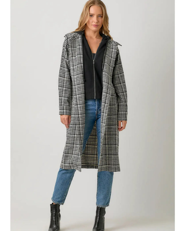 MYSTREE Twofer Hoodie Plaid Long Jacket - Black Mix