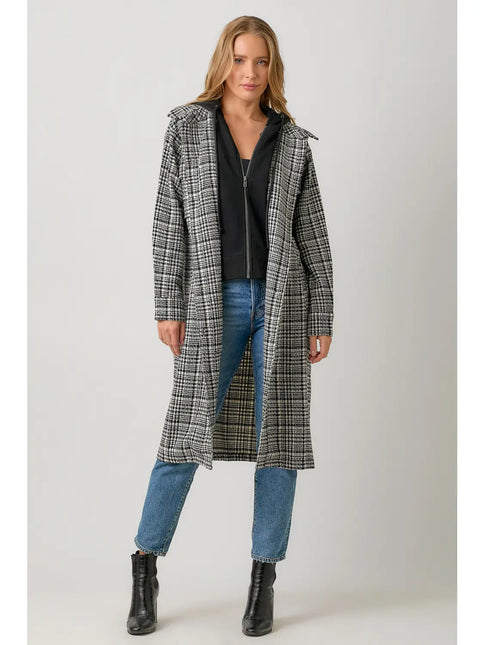 MYSTREE Twofer Hoodie Plaid Long Jacket - Black Mix