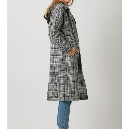 MYSTREE Twofer Hoodie Plaid Long Jacket - Black Mix