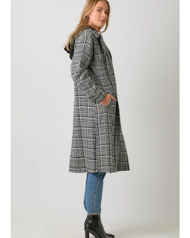 MYSTREE Twofer Hoodie Plaid Long Jacket - Black Mix