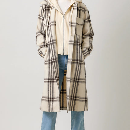 MYSTREE Twofer Hoodie Plaid Long Jacket - Cream Mix