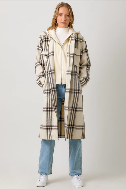 MYSTREE Twofer Hoodie Plaid Long Jacket - Cream Mix