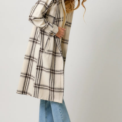 MYSTREE Twofer Hoodie Plaid Long Jacket - Cream Mix