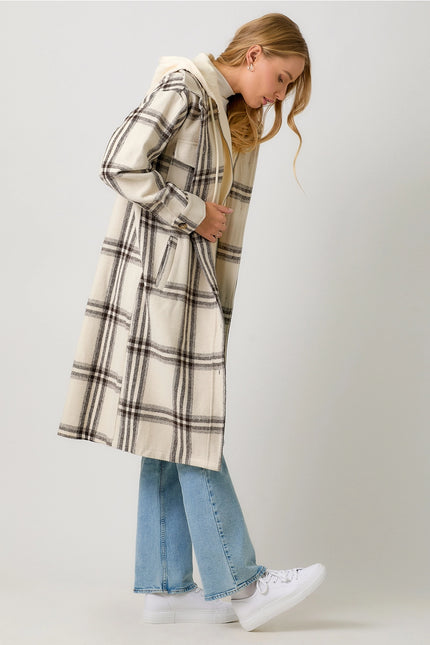 MYSTREE Twofer Hoodie Plaid Long Jacket - Cream Mix