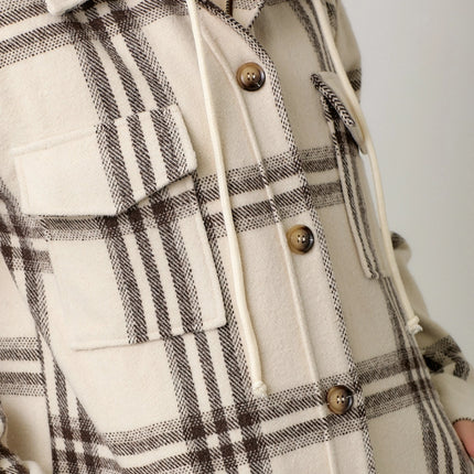 MYSTREE Twofer Hoodie Plaid Long Jacket - Cream Mix
