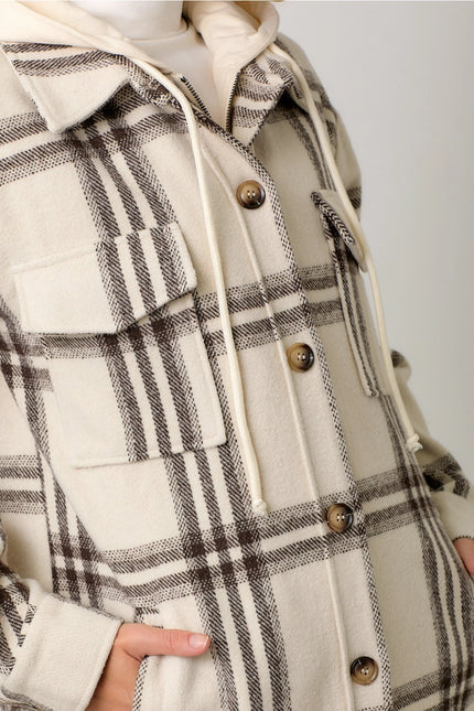 MYSTREE Twofer Hoodie Plaid Long Jacket - Cream Mix