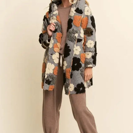 DAVI & DANI Chunky Flower Embroidered Hoodie Coat Jacket - Grey Mustard