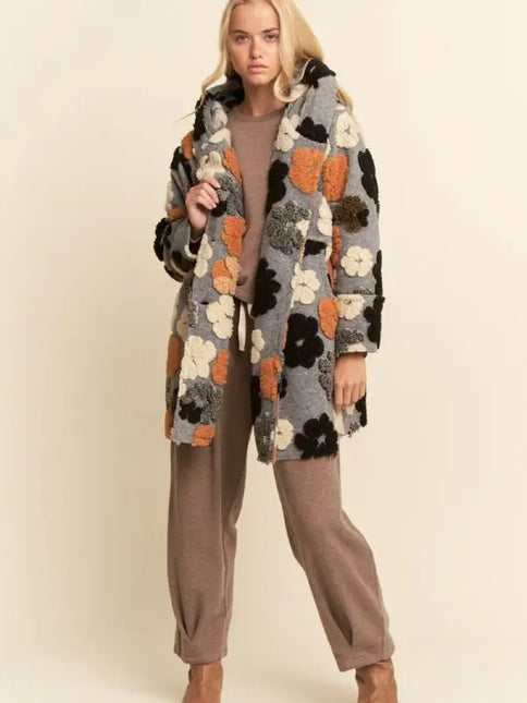 DAVI & DANI Chunky Flower Embroidered Hoodie Coat Jacket - Grey Mustard