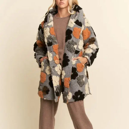 DAVI & DANI Chunky Flower Embroidered Hoodie Coat Jacket - Grey Mustard