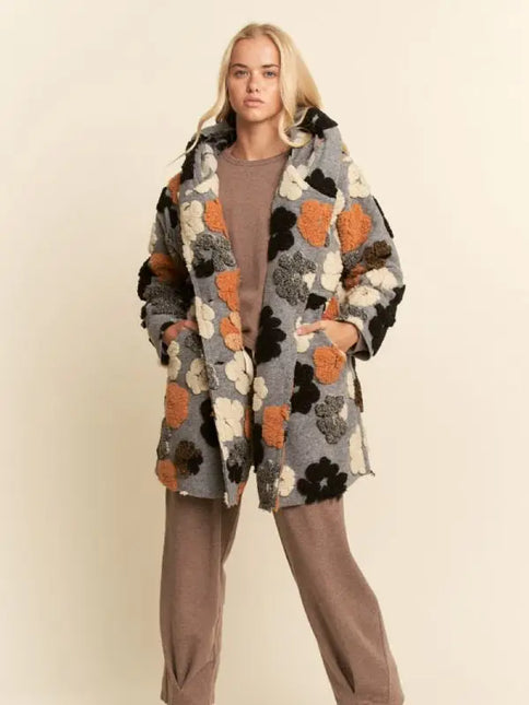 DAVI & DANI Chunky Flower Embroidered Hoodie Coat Jacket - Grey Mustard
