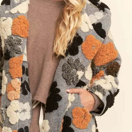 DAVI & DANI Chunky Flower Embroidered Hoodie Coat Jacket - Grey Mustard