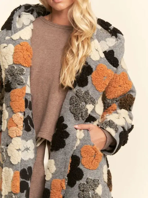 DAVI & DANI Chunky Flower Embroidered Hoodie Coat Jacket - Grey Mustard