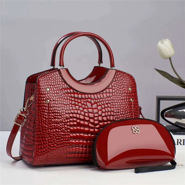 Women's Faux Crocodile Handbag & Pouch Set