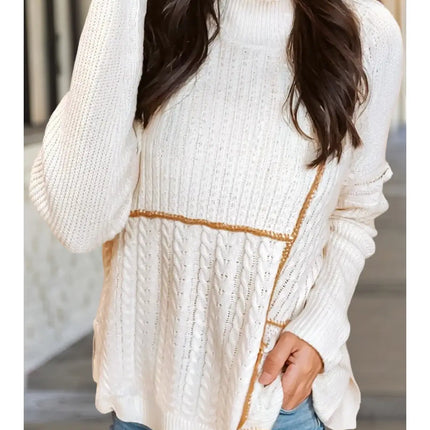 Texture Cable Patchwork Mock Neck Sweater