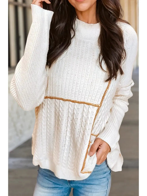 Texture Cable Patchwork Mock Neck Sweater
