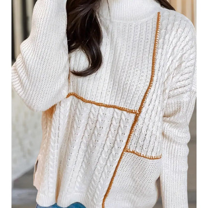 Texture Cable Patchwork Mock Neck Sweater