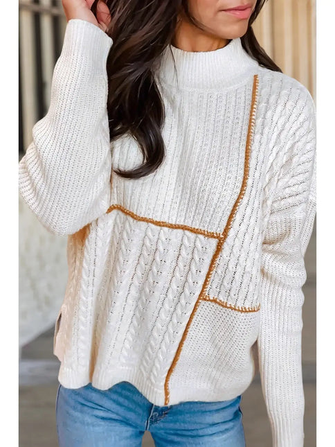 Texture Cable Patchwork Mock Neck Sweater