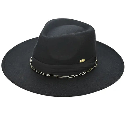 C.C Link Chain and Pleated Wide Band Felt Panama Hat
