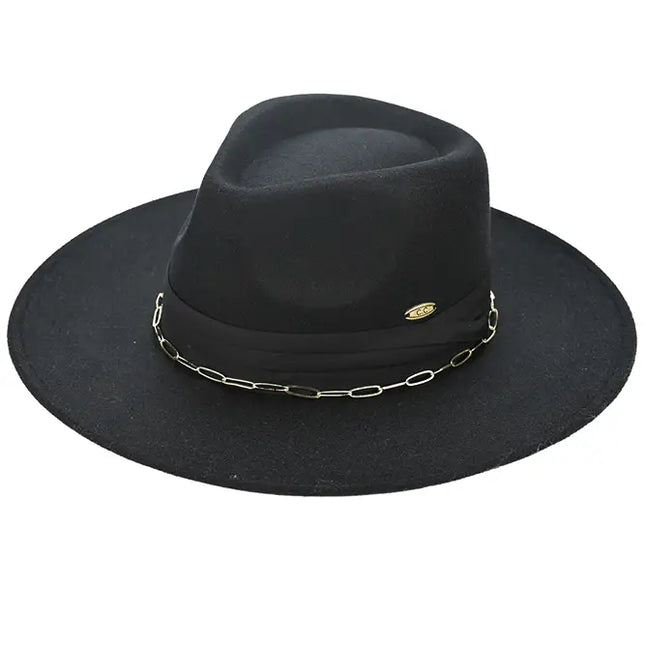 C.C Link Chain and Pleated Wide Band Felt Panama Hat