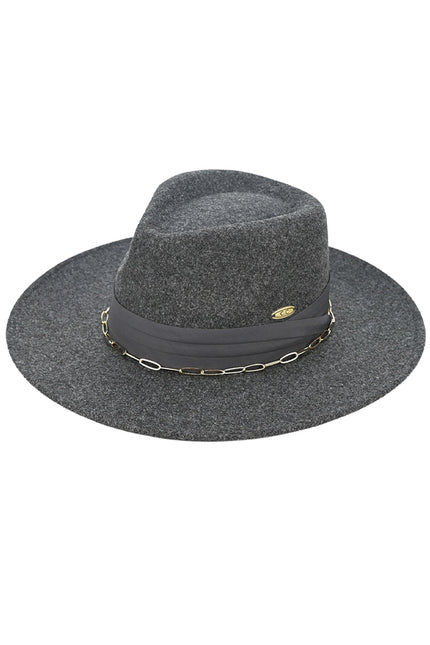 C.C Link Chain and Pleated Wide Band Felt Panama Hat