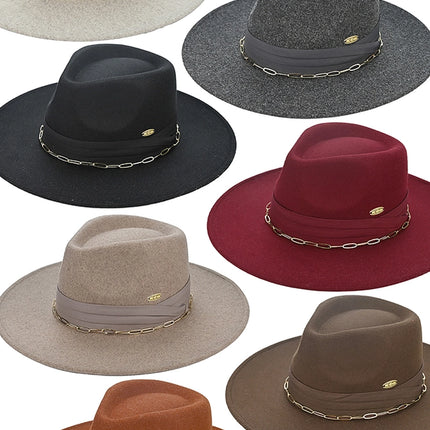 C.C Link Chain and Pleated Wide Band Felt Panama Hat