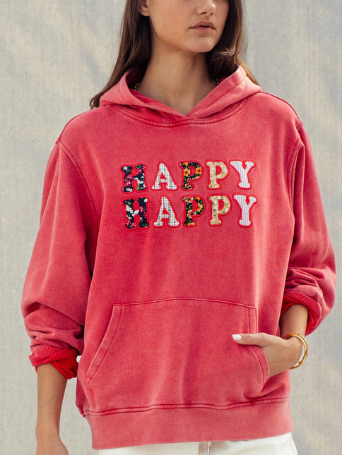 Urban Daizy "Happy Happy" Vintage Washed Hoodie - Red